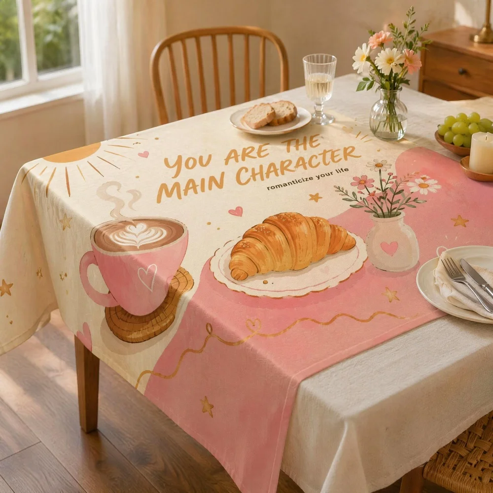 Cream Pink Two Tone Croissant Latte Coffee Cup Floral Print Rectangle Tablecloth Sweet Dining Kitchen Table Decor Cover
