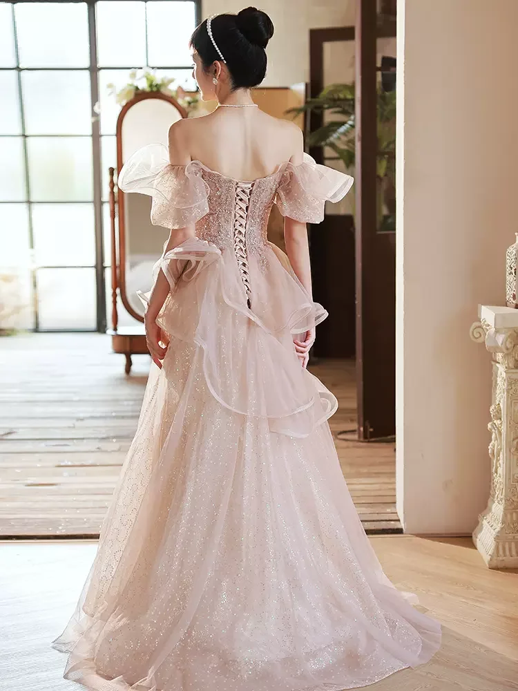 Robe de soirée dégradée rose champagne, robes de soirée de Rh, appliques avec paillettes perlées, traîne de balayage, longueur au sol