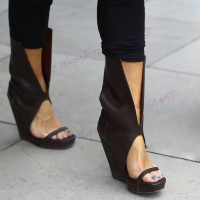 Brown Slip On Wedges Heels Sandals Hollow Out Open Toe Shoes for Women Matte Leather Sexy Lady Shoes 2025 Zapatos Para Mujere