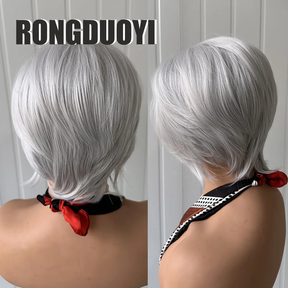 RONGDUOYI Synthetic Hair Sliver Grey Short Bob Wig Pixie HairCut Blonde Lace Front Wigs for Women Daily Makeup Natual Style Hair