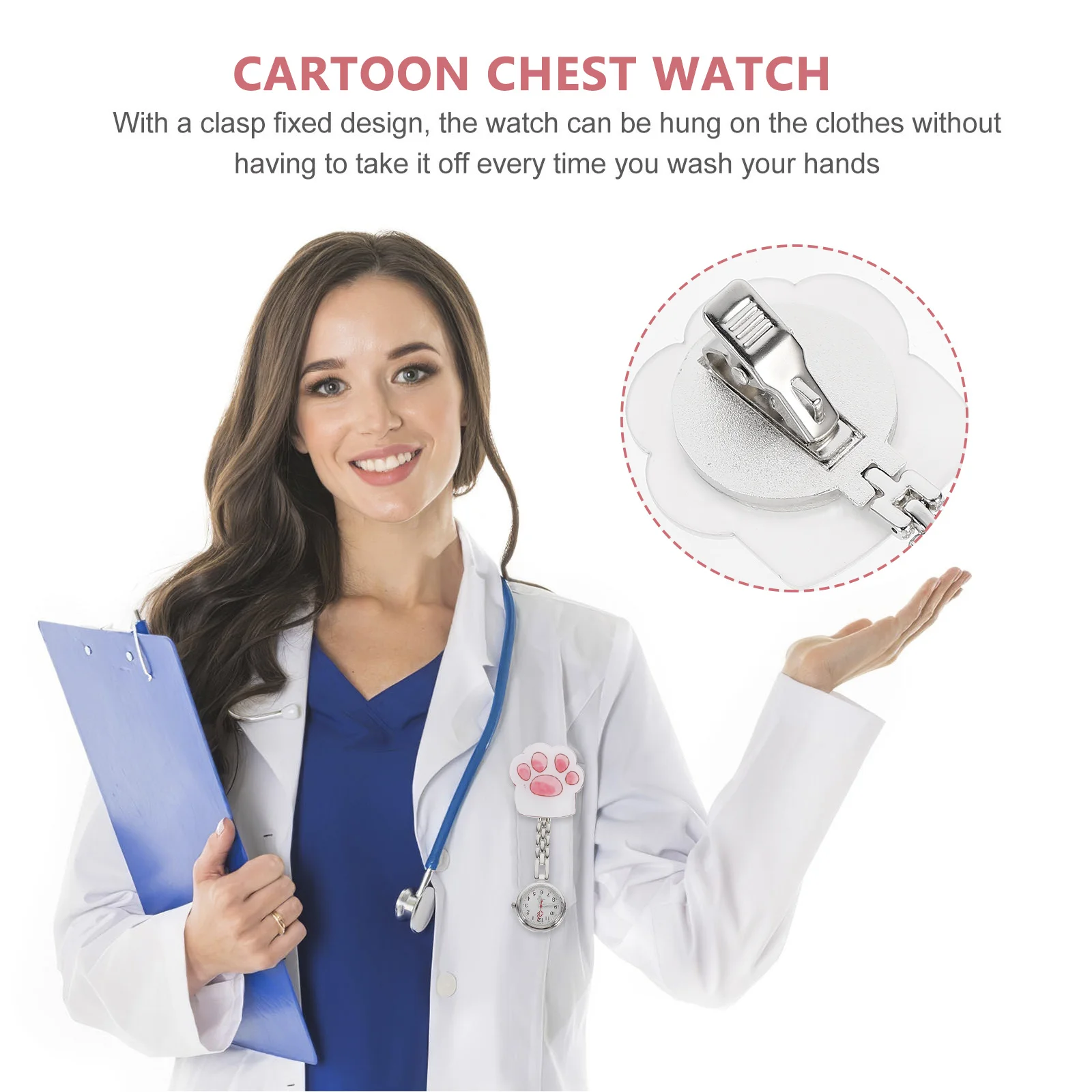 

1Set Cat Paw Cartoon Pocket Watch Hanging Clip Nurse Doctor Chest Watch Stainless Steel Clear Dial Accurate Timing