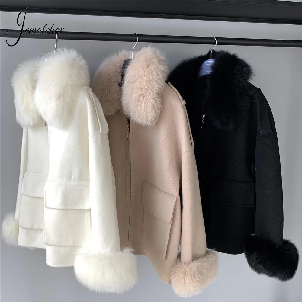 Jxwatcher Real Fur Coat High Quality Double Face Wool Coat Ladies Fall Winter Fashion Wool Jacket Real Fox Fur Collar Cuffs New