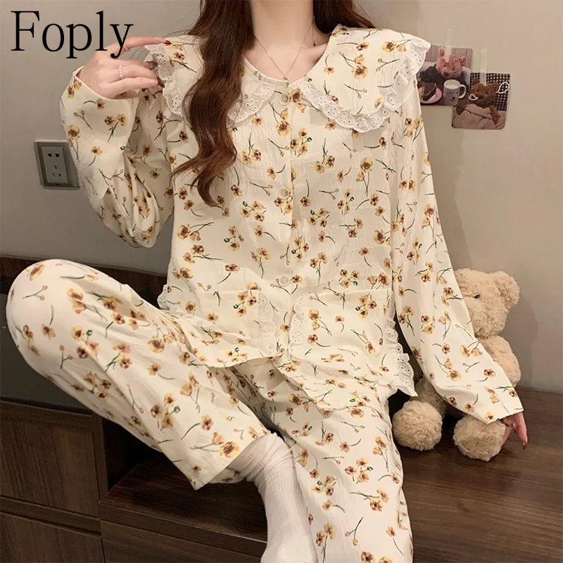

Yellow Flower Print Woman Pyjamas Spring Summer 2 Piece Pajama Clouds Cotton Sleepwear Long Sleeve Pants Pijama Pjs Loungewear