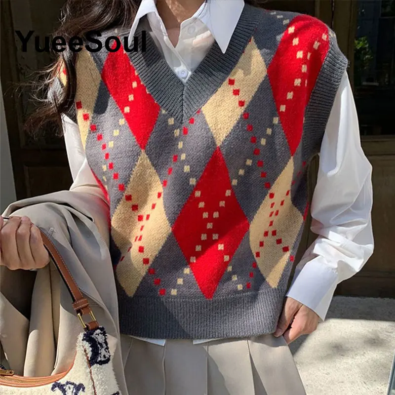 Women's Vests Grey Argyle Printed Pullover Sleeveless Knit Sweater Vest  2025 New Y2K High Street Casual Knitwear Waistcoat