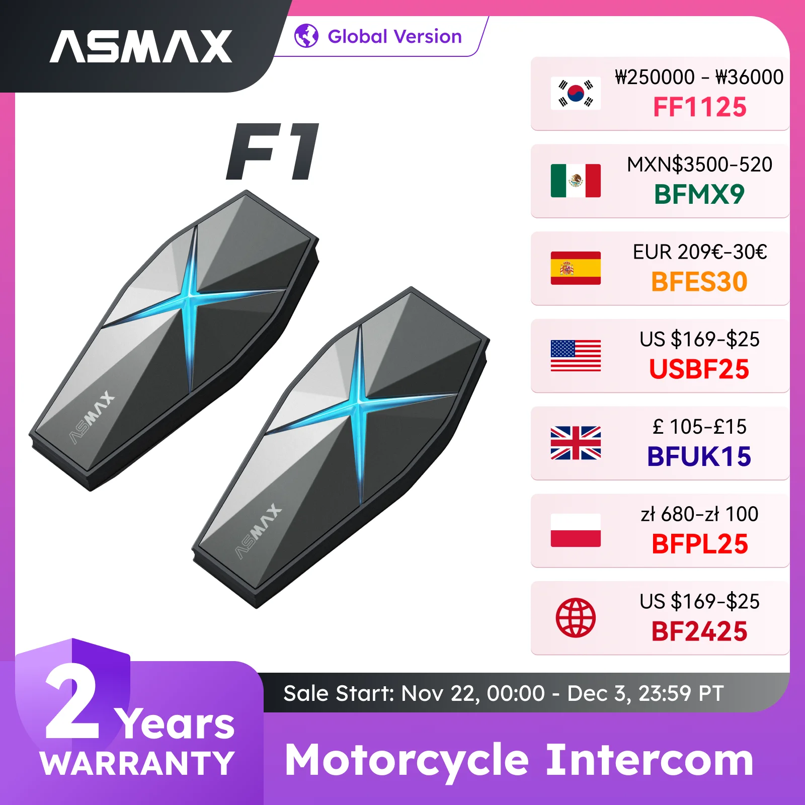 ASMAX F1 Motorcycle Intercom Helmet Bluetooth Headset 10 Riders 1800m Communicator Waterproof BT5.3 Interphone Ai Voice Control