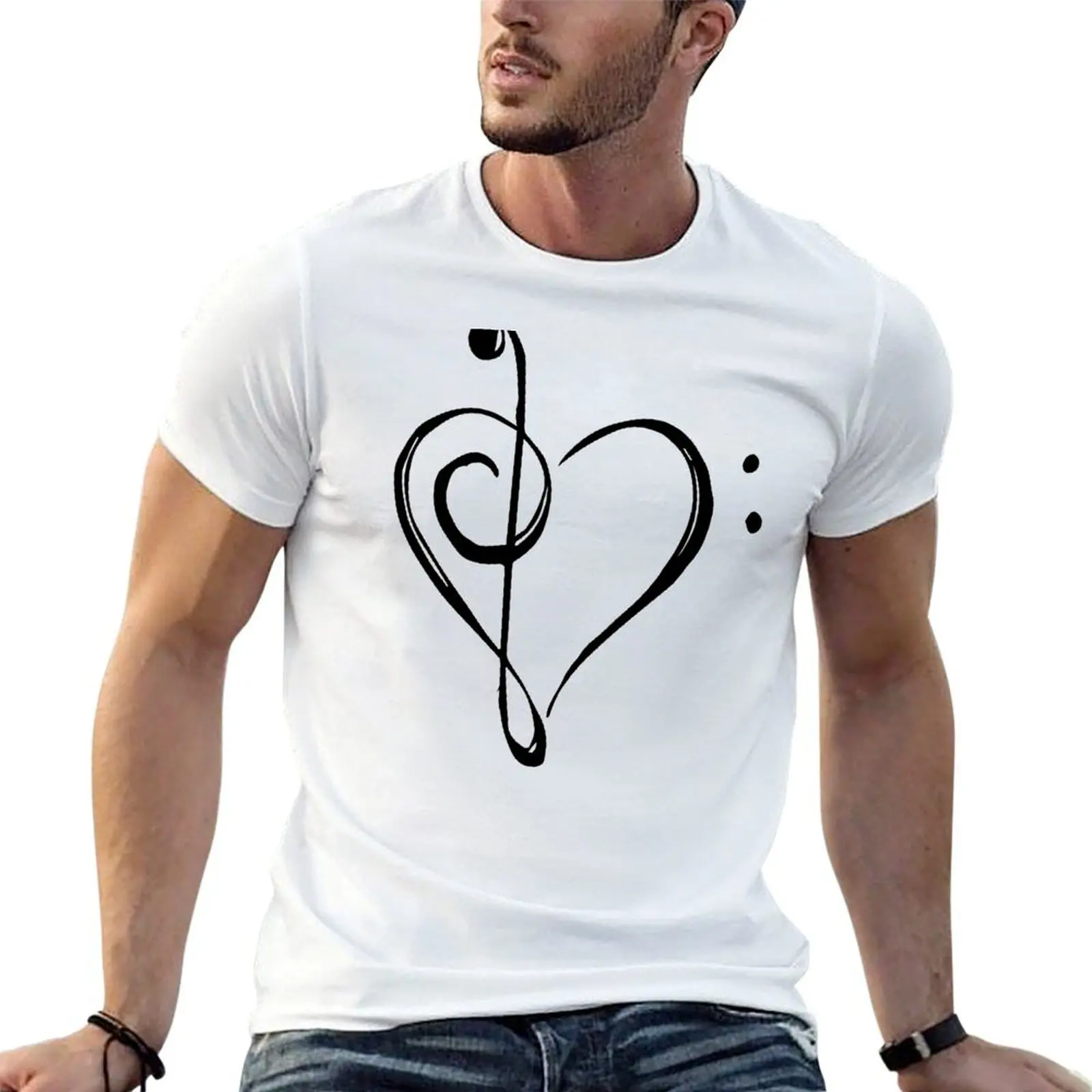 Love Music - Treble and Bass Clef Heart - black T-Shirt vintage t shirts vintage anime shirt mens designer clothes