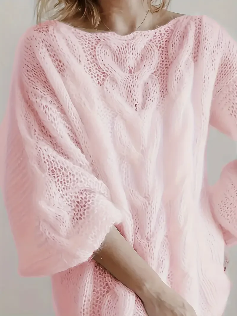 المرأة جولة الرقبة جوفاء كابل متماسكة غامض الملمس فضفاض سترة البلوز لينة مريحة شبه شفافة طويلة الأكمام مكتنزة K #2