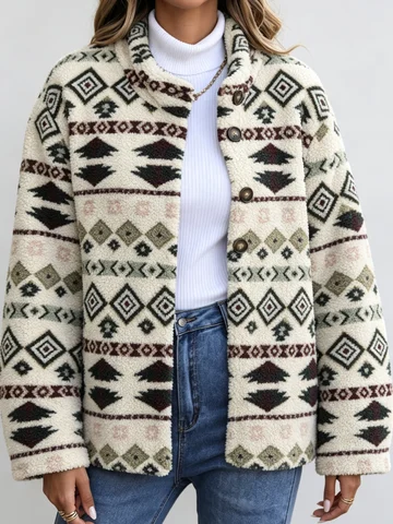 2026 New Women's Winter Fleece Jacket, Loose and Fitted, Soft and Warm, with Windproof and Anti-Pinch Design, Cream-Colored Aztec Geometric Print, Stand-Up Collar with Button Closure, a Rural Style Daily Winter Outfit Jacket