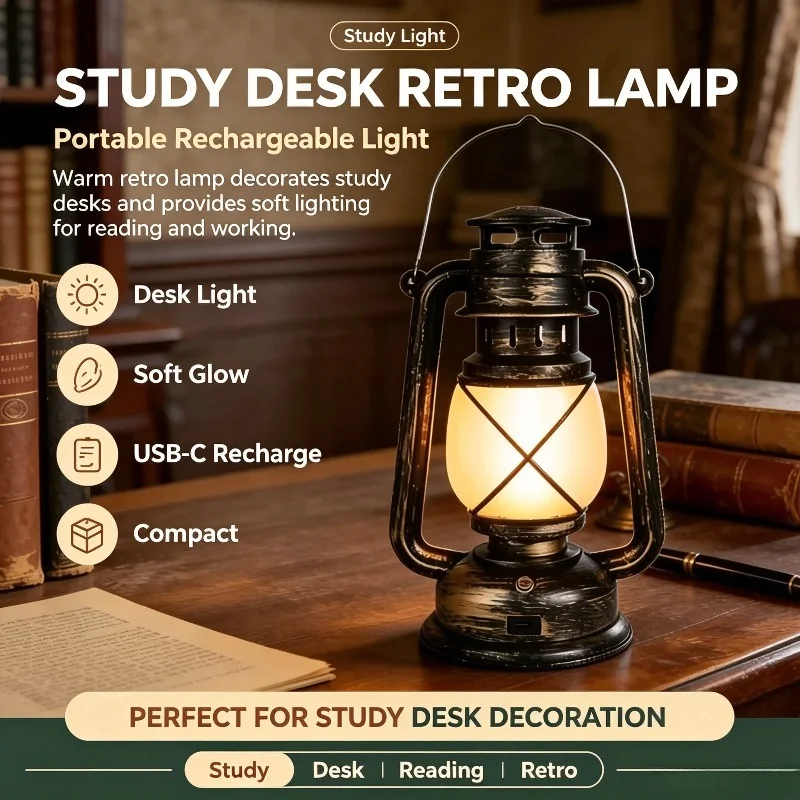 Flame Effect Lamp, Vintage LED Camping Lantern with Carry Handle and USB-C Charging for Outdoor Tables or Restaurant Decor
