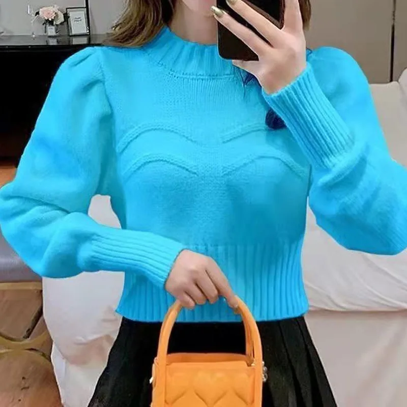 Female Korean Vintage Solid Color Sweaters Autumn Winter Fashion All-match Short Half High Collar Knitted Tops Women\'s Clothing