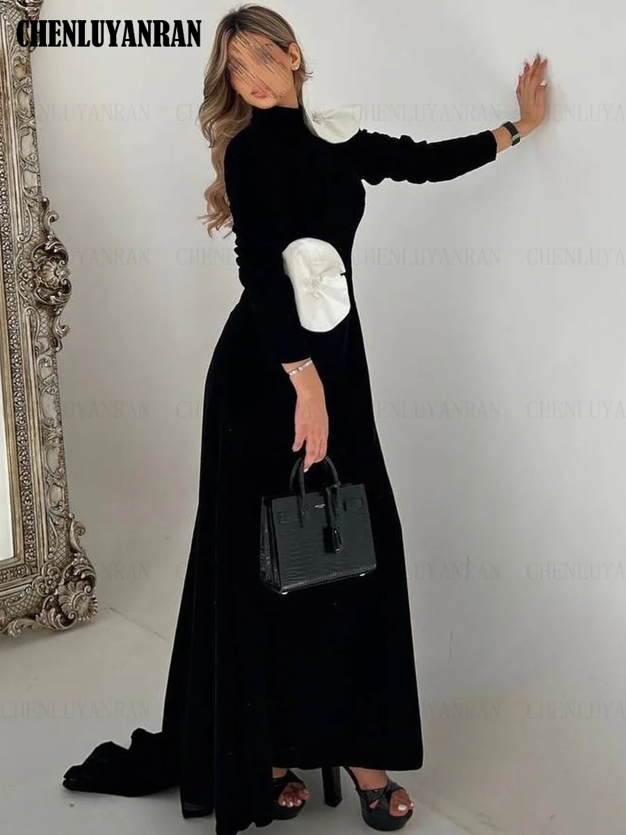 Velour Black Formal Occasion Dresses 2023 High Neck Elegant Ball Gowns Full Sleeves A-line Evening Party Gowns فساتين الحفلات