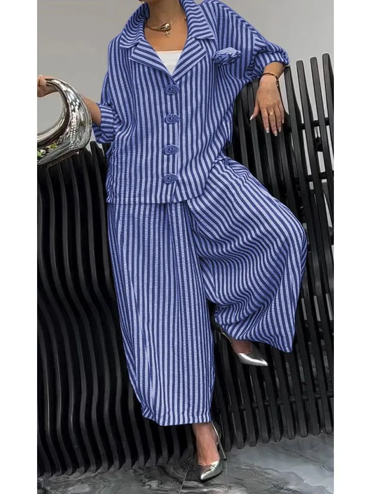 Women Fashion Lapel Wide Leg Pants Loose Sets 2024 Spring Autumn New Stripe Print 2PCS Casual Suits Office Simple Outfites