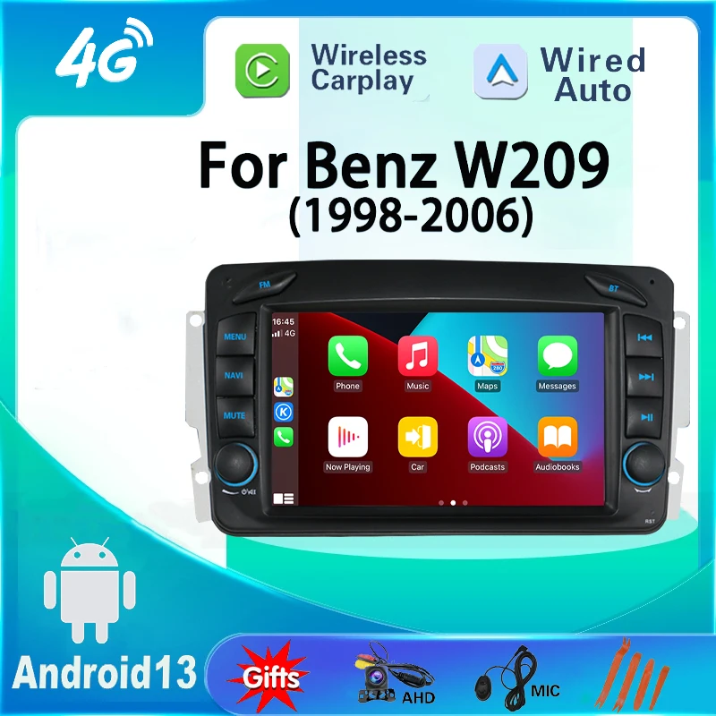 أندرويد 13 لمرسيدس بنز CLK W209 W203 1998-2006 سيارة الوسائط المتعددة مشغل فيديو CarPlay 4G واي فاي نظام تحديد المواقع والملاحة ستيريو راديو السيارة