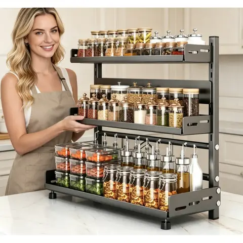 3 Tier Adjustable Metal Spice Rack Space Saving Household Kitchen Organizer For Countertop Cabinet Jar Bottle Storage