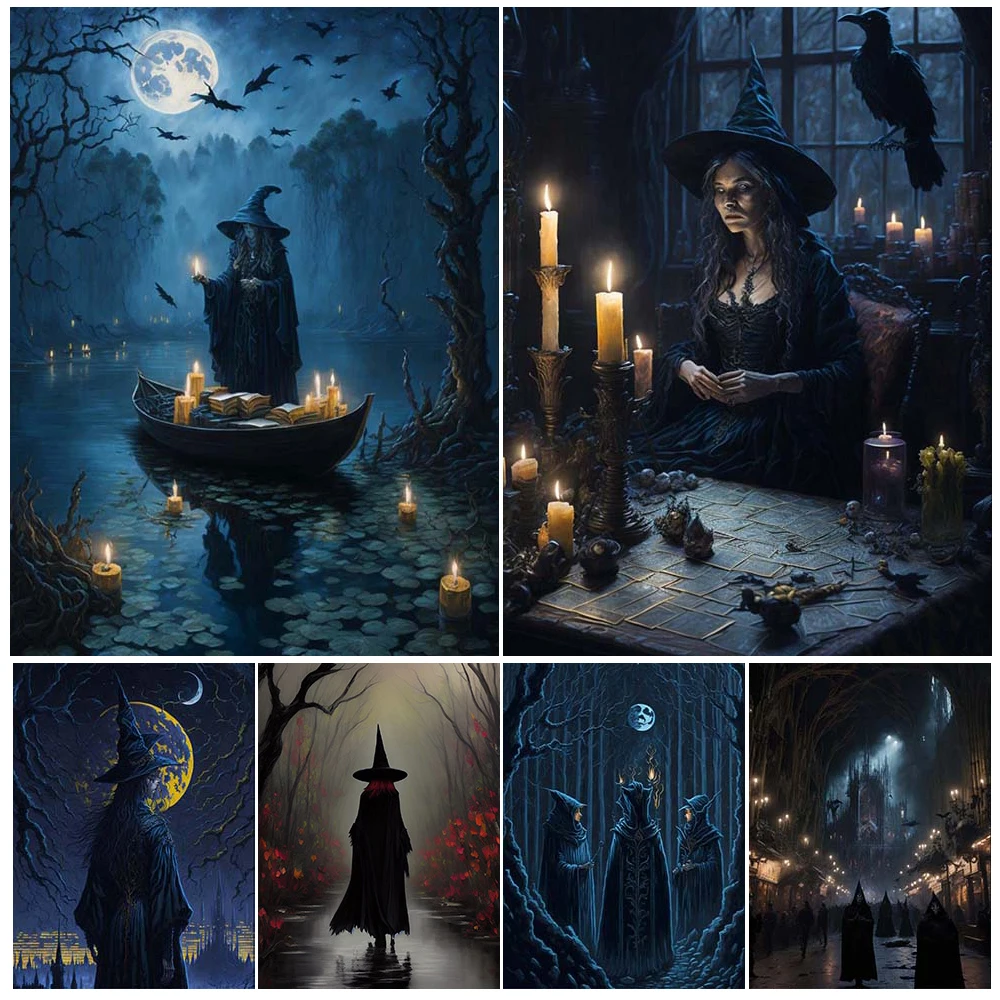 Creepy Dark Witch Gothic Horror Ai Art Poster And Print Black Robe Witch In The Night Art Poster And Print Wiccan Home Decor