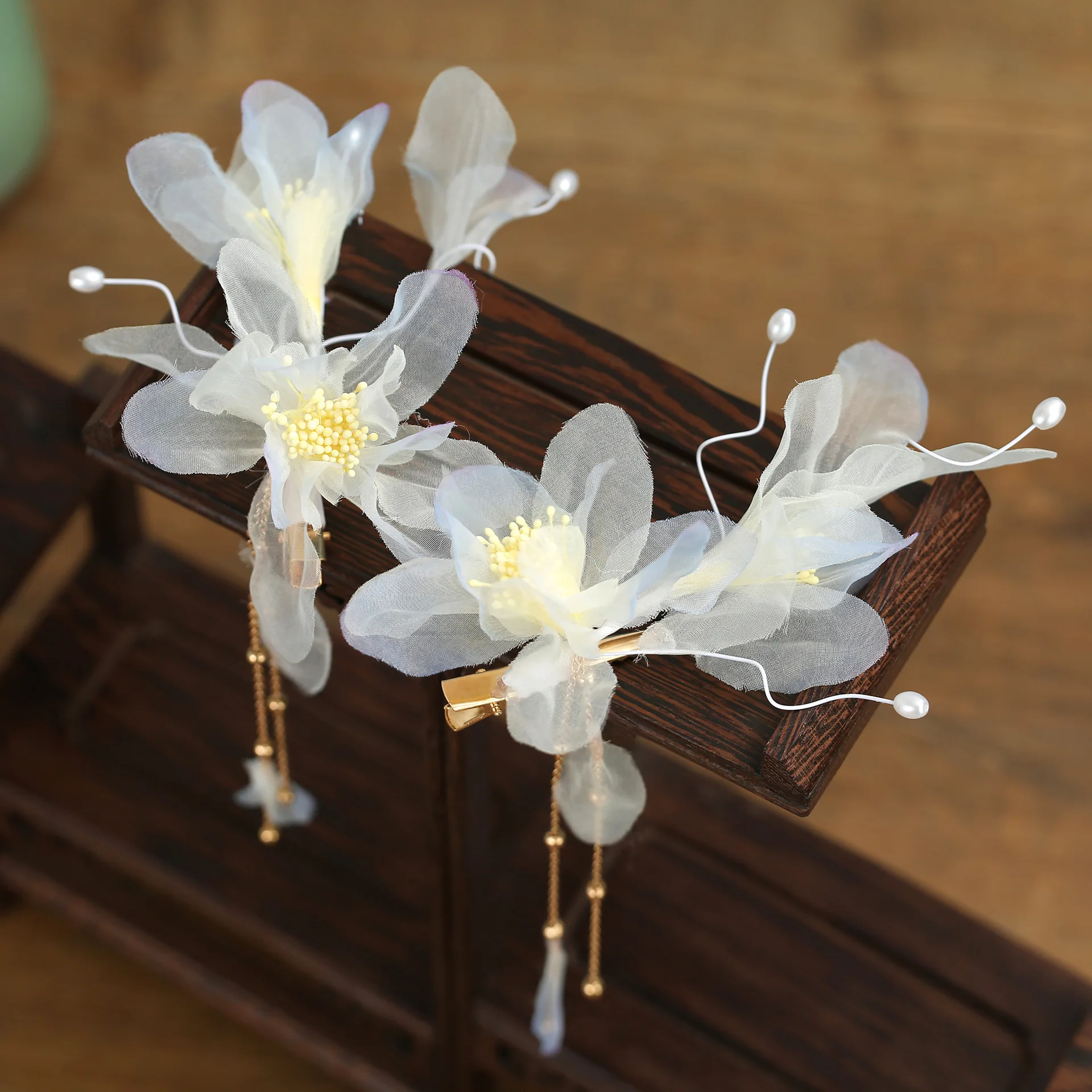 

New Children's Antique Fairy Light Blue Silk Flower Edge Clip Head Flower Hairpin Flower Clip Accessories Hanfu Head Jewelry