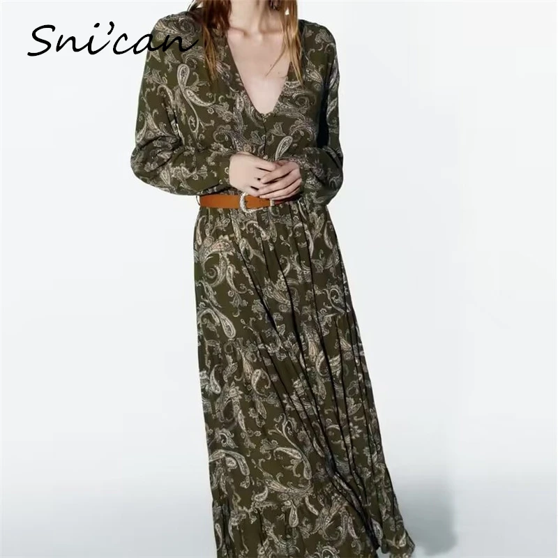 

Green Paisley Print Large Shirt Dress Women With Belt V Neck Long Sleeve Holiday Loose Casual Robe Femme Ladies Outwear Vestido