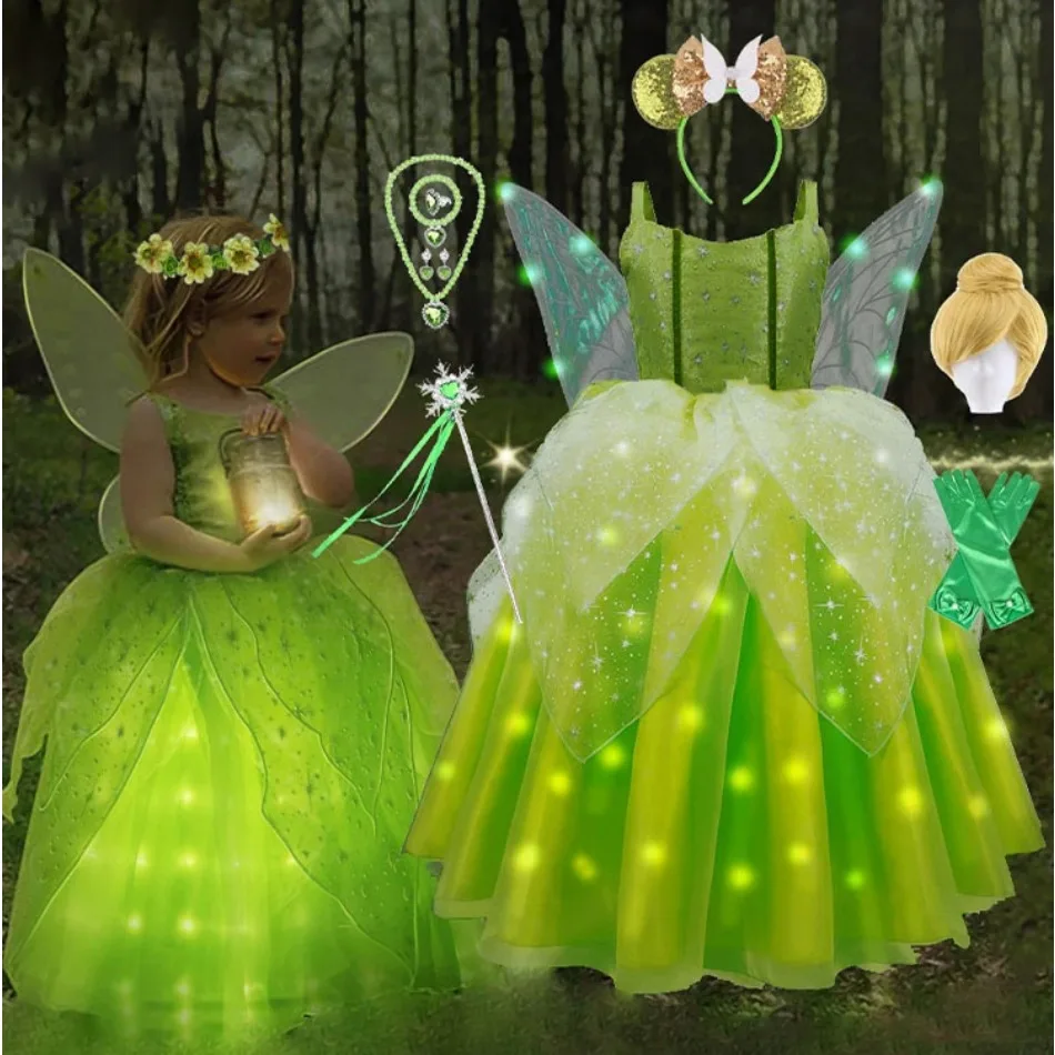 Girls Tinkerbell Fairy Dresses LED Light Up for Girls Costume Kids Cosplay Flower Fairy Princess Clothes Christmas Party Outfit
