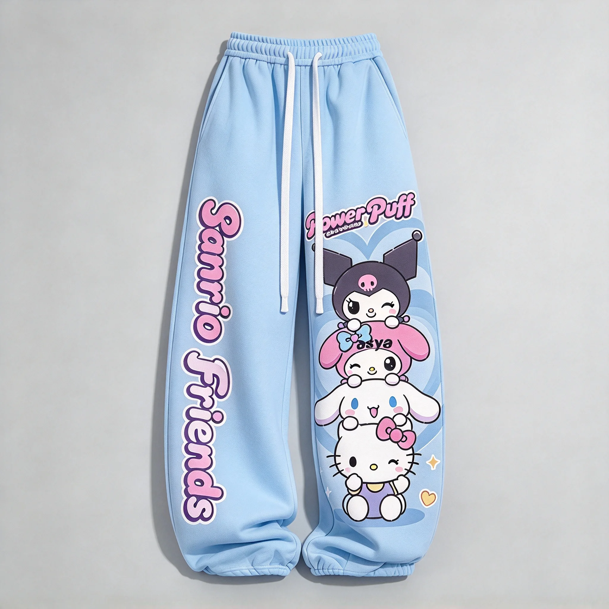 Cute Hello Kitty MyMelody Kuromi Print Women Wide Leg Pants Loose Drawstring Trousers Kawaii Girls Casual Sport Pants Streetwear