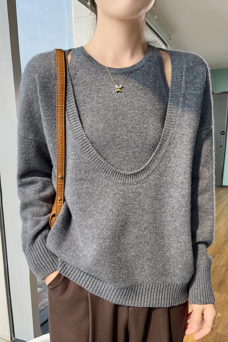 

Soft Comfort Autumn Winter 100% Pure Wool Pullover Knit Sweater Women Two Piece Set Soild Big U-neck Tops And Vest High Quality