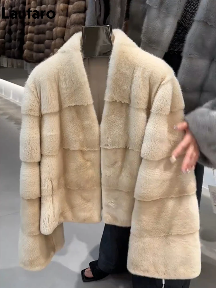 

Lautaro Winter Short Striped Thick Warm Faux Mink Fur Coat Women V Neck Long Sleeve Luxury Elegant Chic Fluffy Jacket Clothes