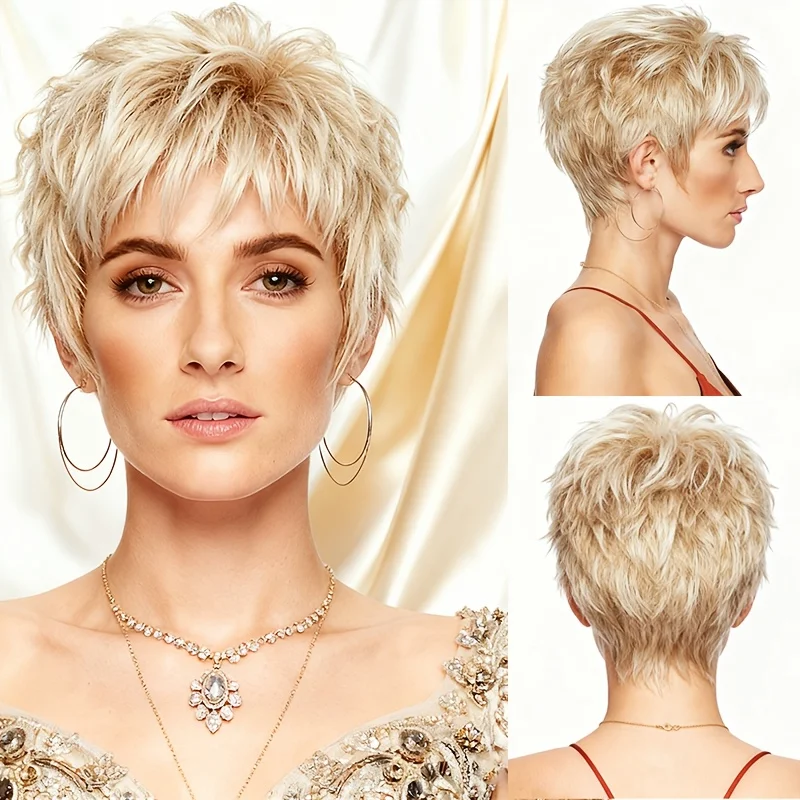 

Женский синтетический парик с объемной челкой, короткие волосы, золотистый градиент, наклонная акриловая шапочка для волос, подходит для повседневной носки