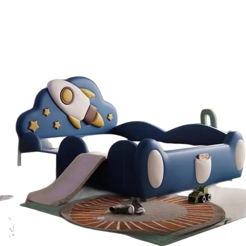 Space shuttle cartoon boy single leather bed soft bag backrest safety guardrail bed
