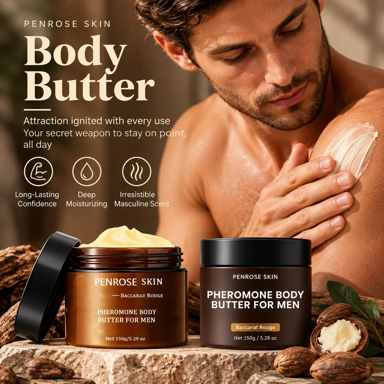 150g Men Pheromone Body Butter PENROSE SKIN Baccarat Rouge Scent Long Lasting Fragrance Cologne Body Lotion for All Skin Types