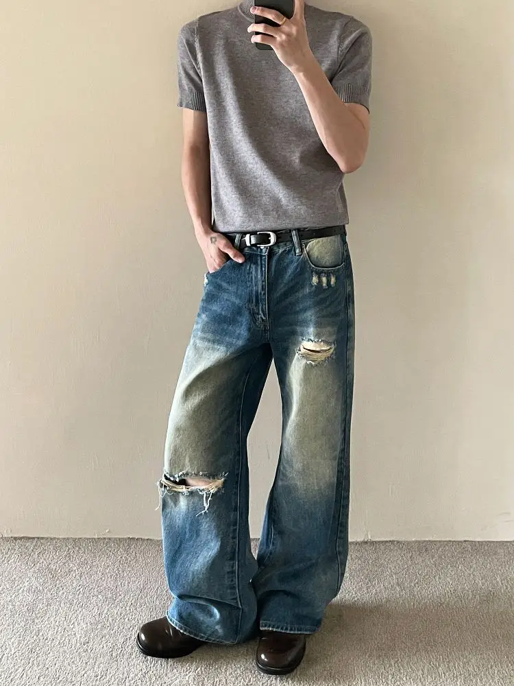 Men's Broken Hole Hip-hop Style Jeans Wide Legs Retro Pants Casual Sweatpants Cool Boy Bottom Male High Waist Denim Trousers