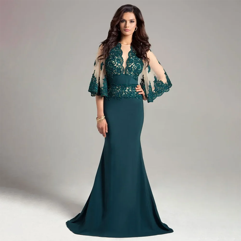 

Elegant Teal Lace Mermaid Mother Of The Bride Dresses V Neck Half Poet Sleeve Appliques Beads Sequins Wedding Guest Dress