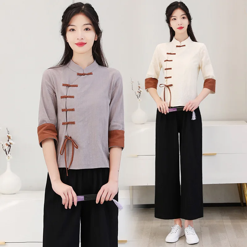 

Traditional Chinese Clothing for Women Hanfu Qipao Blouse Linen Casual Zen Tea Ethnic Cheongsam Tops Oriental Elegant Jackets