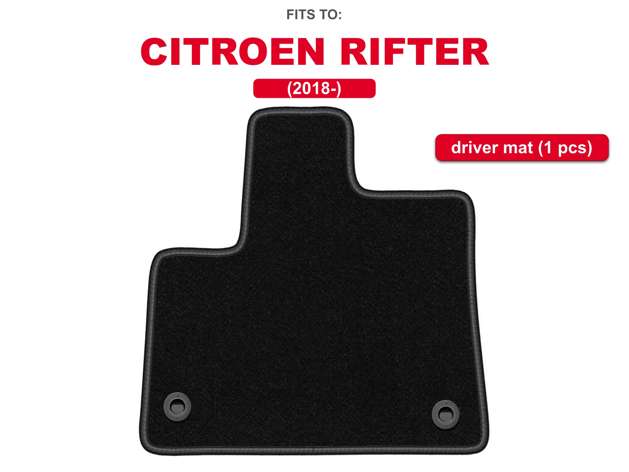 Zwarte velours bestuurdersvloermat voor: Toyota ProAce City 2018–, bestelwagenmodel; uit één stuk bestaande autovoetmat, op maat gemaakt voor de bestuurderszijde.