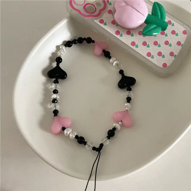 Charm Multicolor Resin Heart Bowknot Mobile Phone Chains for Women Girls Telephone Jewelry Strap Beaded Lanyard Hanging Cord