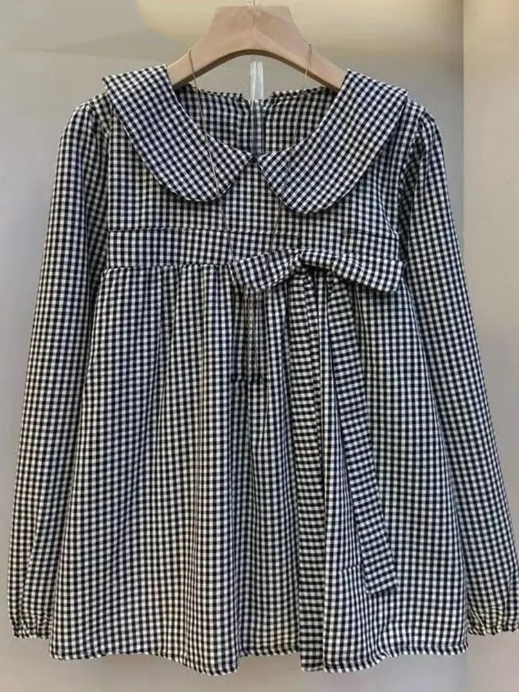 

Рубашки с клетчатым воротником и бантом, женские свободные топы в японском стиле ретро с длинными рукавами, модные повседневные универсальные блузки, сорочки