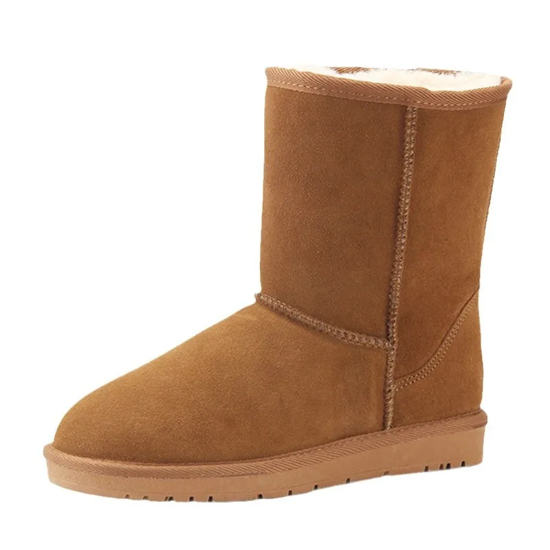 

Winter mid length snow boots, thickened and warm pure wool genuine leather women's boots, short sleeved anti slip cotton shoes