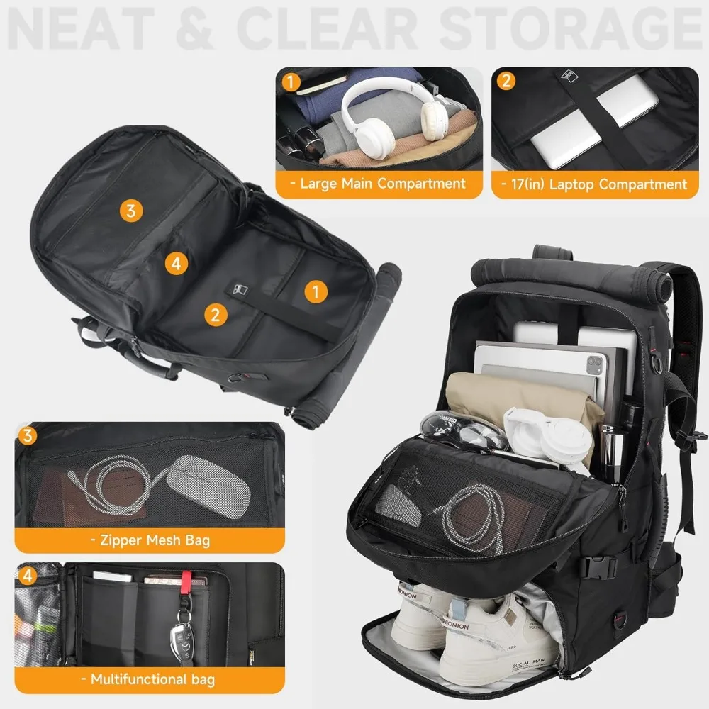 磁気留め具付きメンズ60Lトラベルバックパック、機内持ち込み可能、大型ジムダッフル、靴と水筒用コンパートメント付き