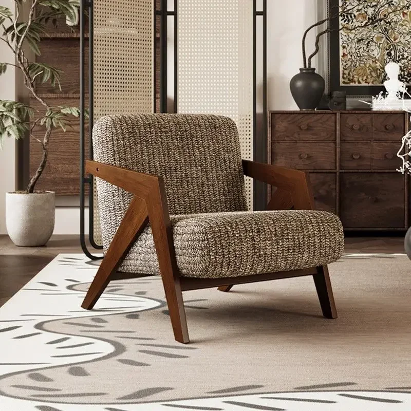 

Richard Chair Home Light Luxury Retro Designer Solid Wood Single Lazy Sofa Chair Medium Antique Living Room Balcony Chair