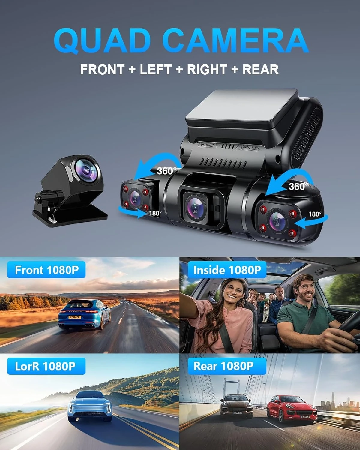 360 graden zicht 4-kanaals dashcam voor en achter binnen links rechts, dashcamera voor auto's, ingebouwd GPS WiFi nachtzicht, nieuw
