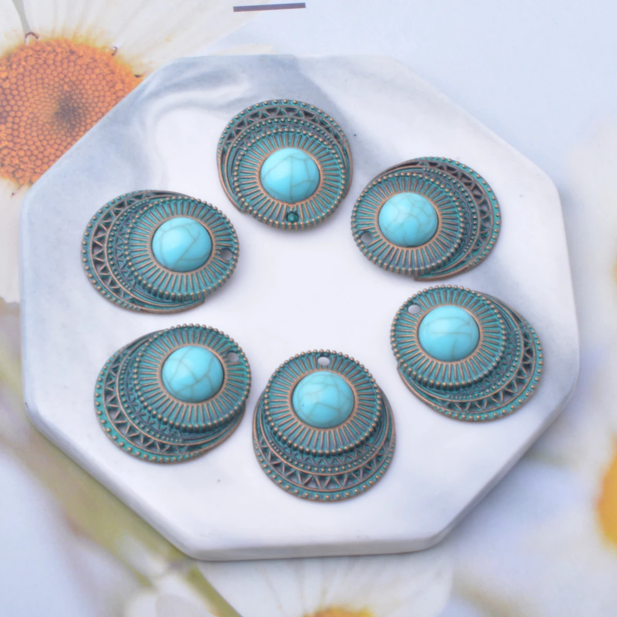 10pcs Bohemian style  Antique bronze patina Charms Metal turquoise Cabochon Pendants  DIY Making Earrings Women  Jewelry