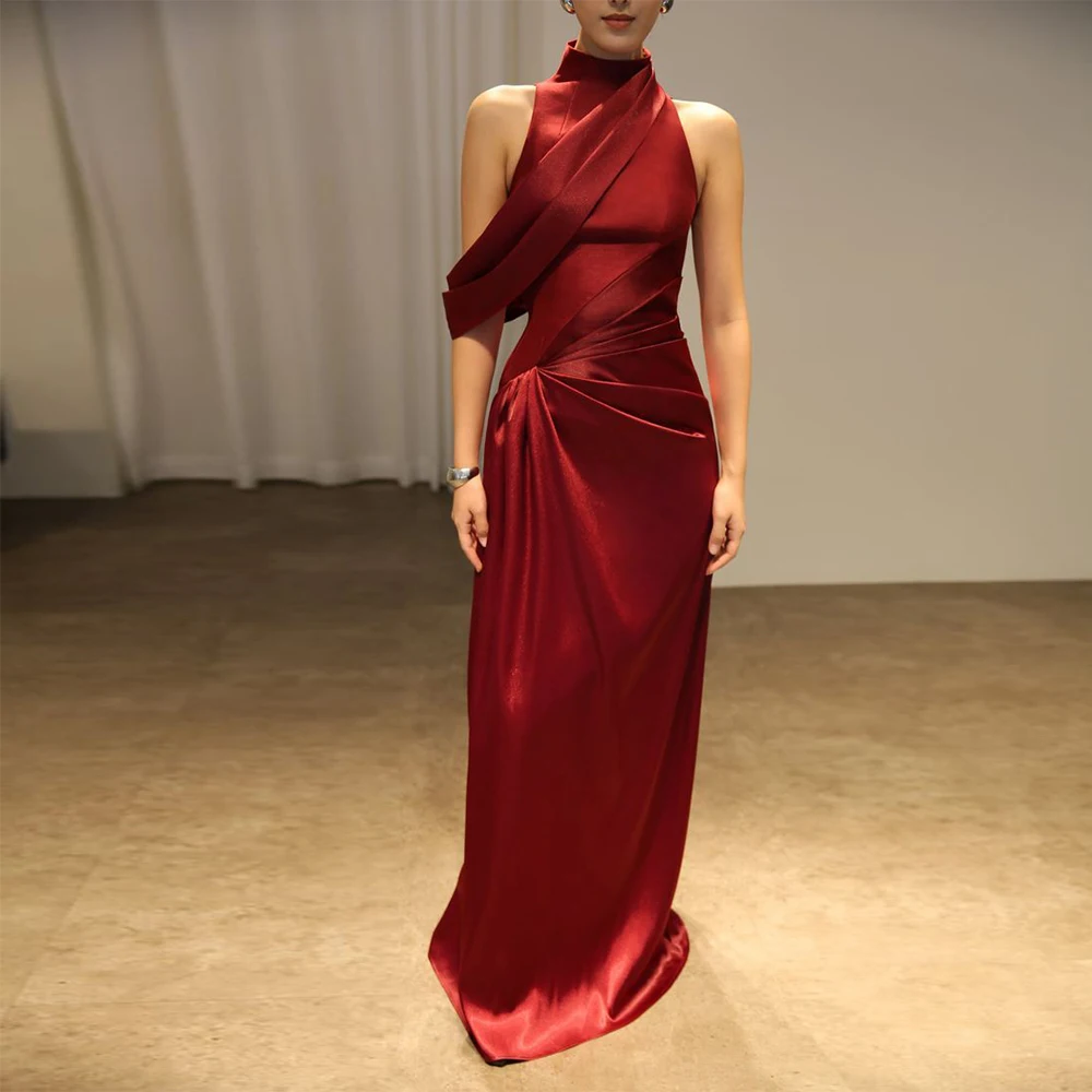 

Бордовые вечерние платья с вырезом на шее, плиссированное вечернее платье, длинное платье в пол, элегантные вечерние платья для женщин