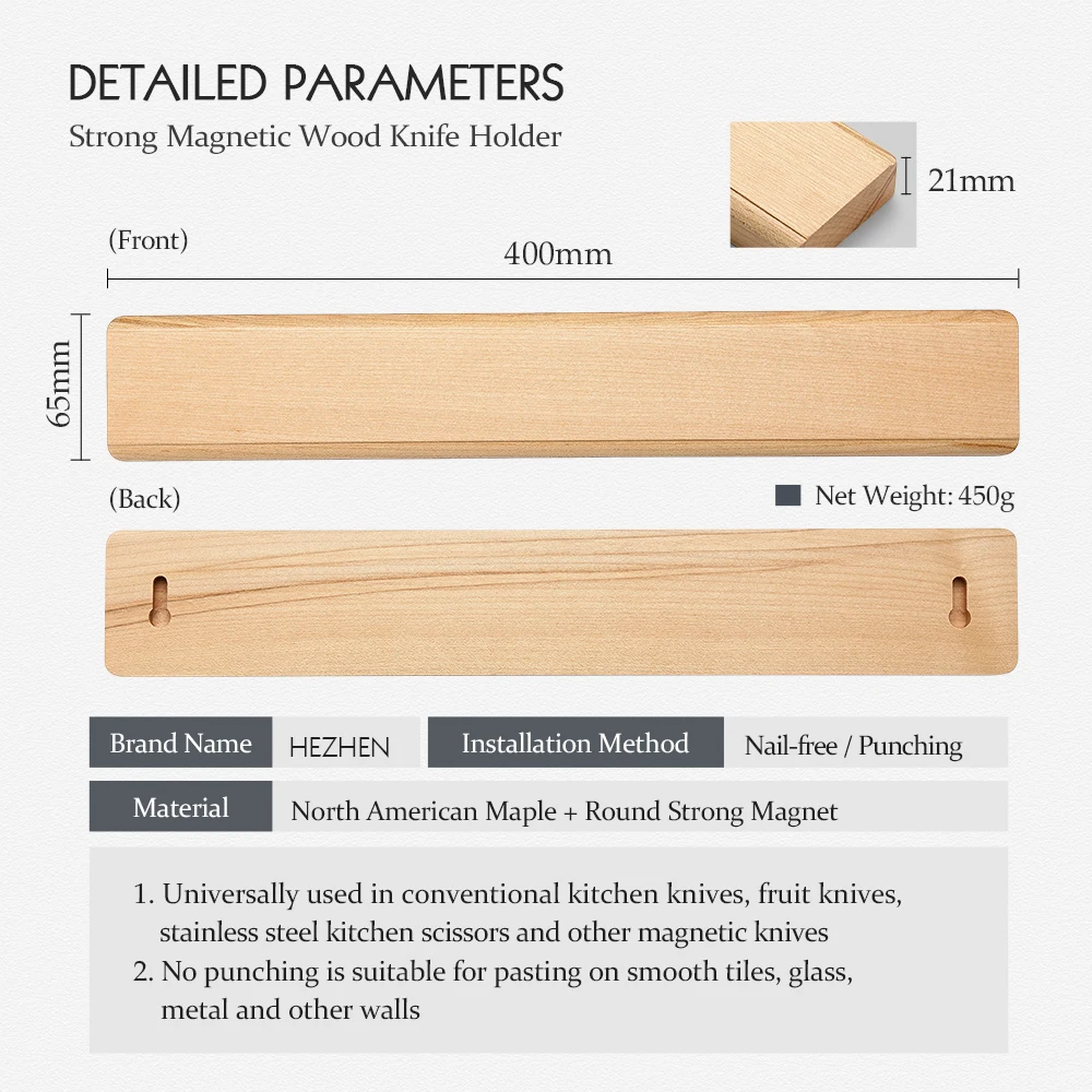 HEZHEN North American Maple Magnetic Knife Holder Can Be Pasted And Punched Kitchen Accessories Storage Tool