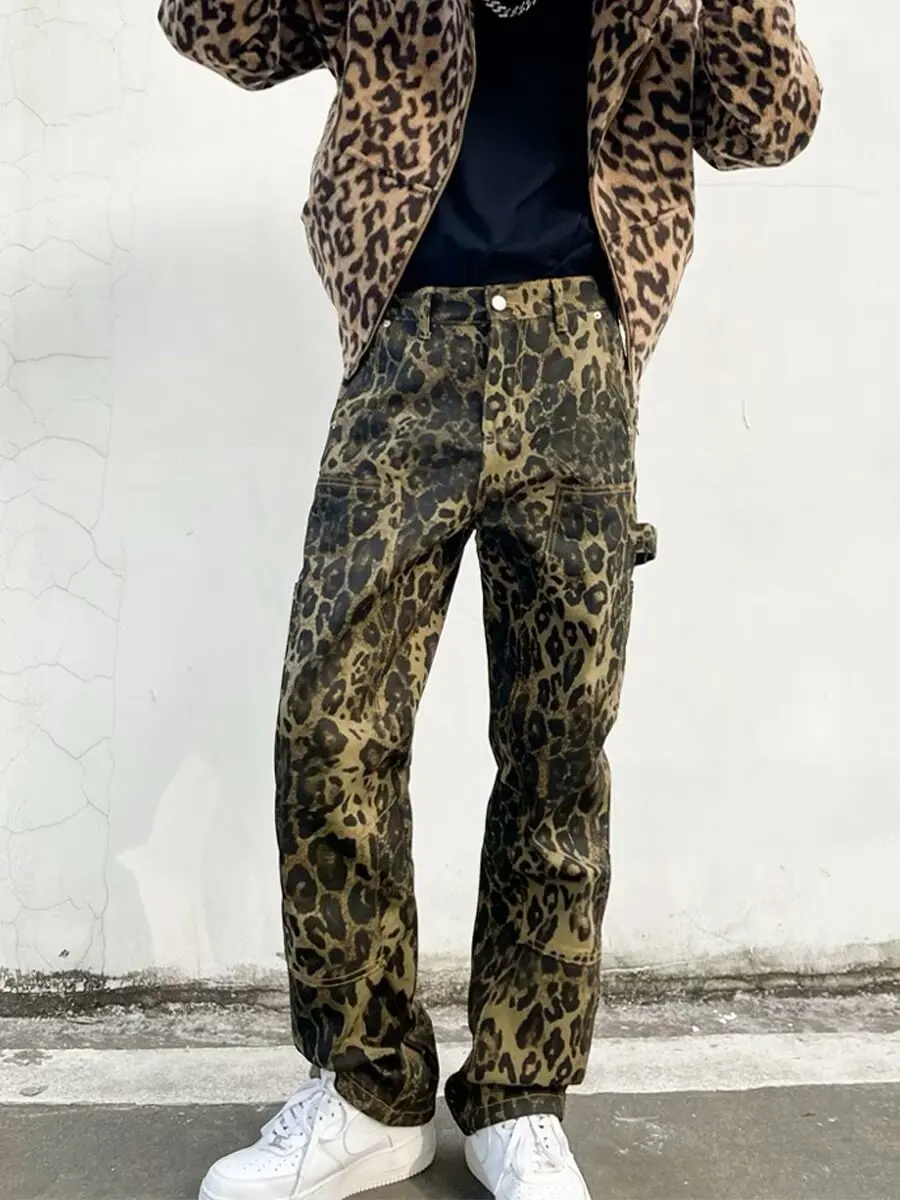 Baggy Leopard Print Y2k Jeans Man 2024 New Casual Wide Leg Denim Pants Fashion Streetwear Retro Straight Jeans korean fashion