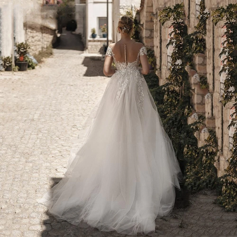 Robe de Mariée en Dentelle et Tulle, Tenue Romantique à Manches Courtes, Col V, Fente Latérale, Personnalisée sur Mesure