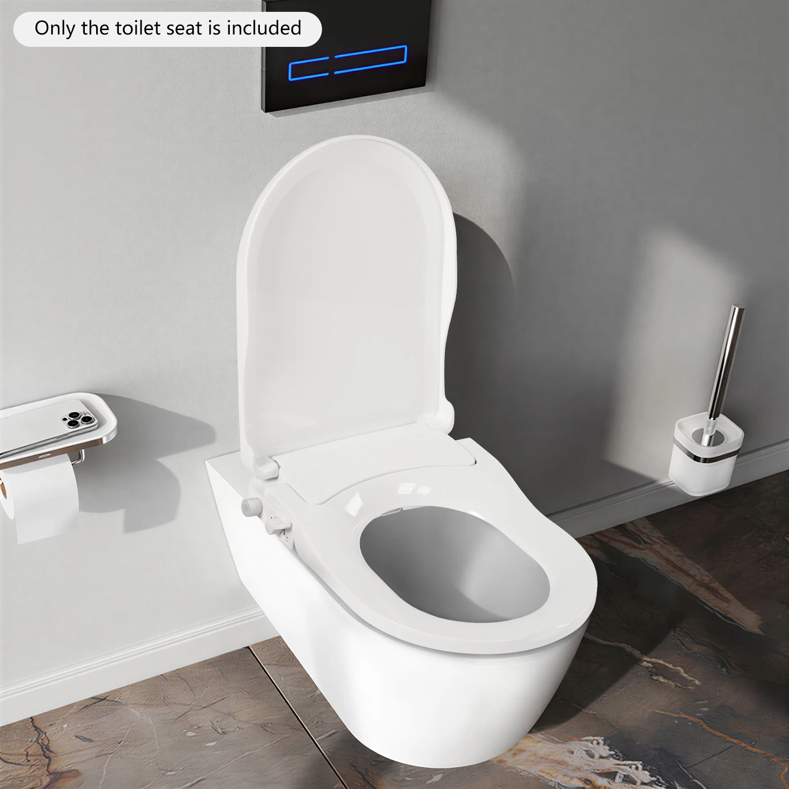 Non-Electric Bidet Toilet Seat, Dual Nozzle Front & Rear Wash, Slow-Closing Cover, Water Pressure Driven, for Hemorrhoid Relief & Feminine Hygiene, Universal D-Shape, Easy Clean PP, Fits Hole Spacing 4.5-6.4in