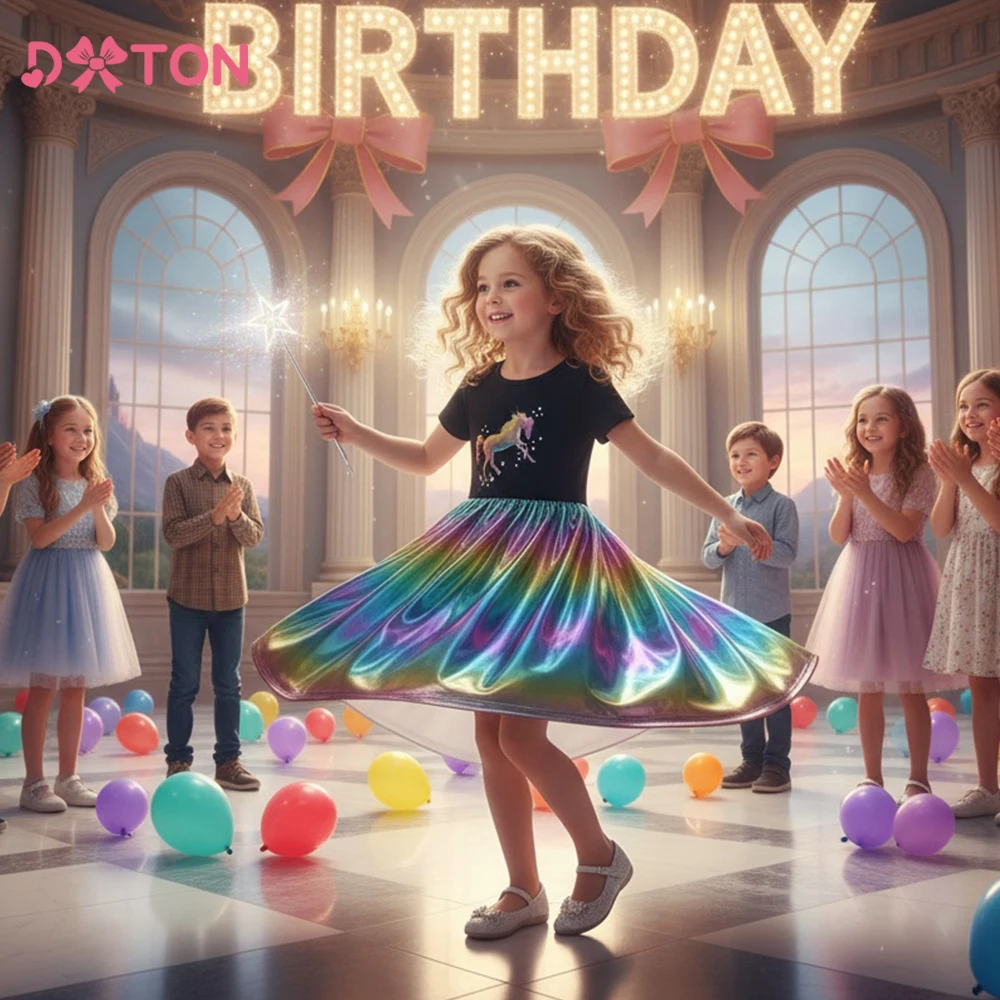 

DXTON Short Sleeve Kids Dresses Summer Party Children Vestidos Unicorn Girls Dress School Party Outfit Toddlers Casual Dresses