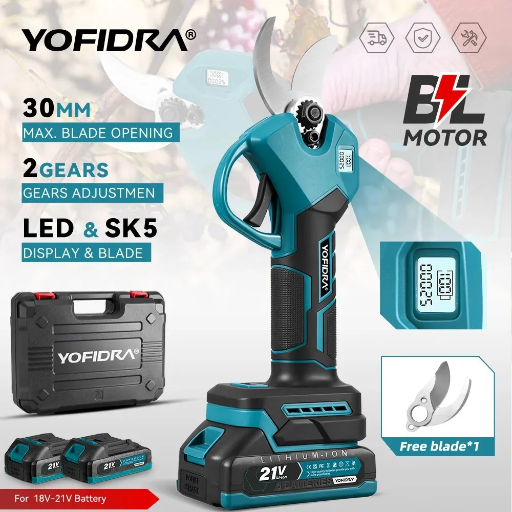 YOFIDRA 30mm Bezszczotkowe Elektryczne Nożyce do Gałęzi 2 Biegi Akumulatorowe Nożyce do Przycinania Drzew Elektryczne Nożyce do Cięcia Pasujące do Akumulatora Makita 21V