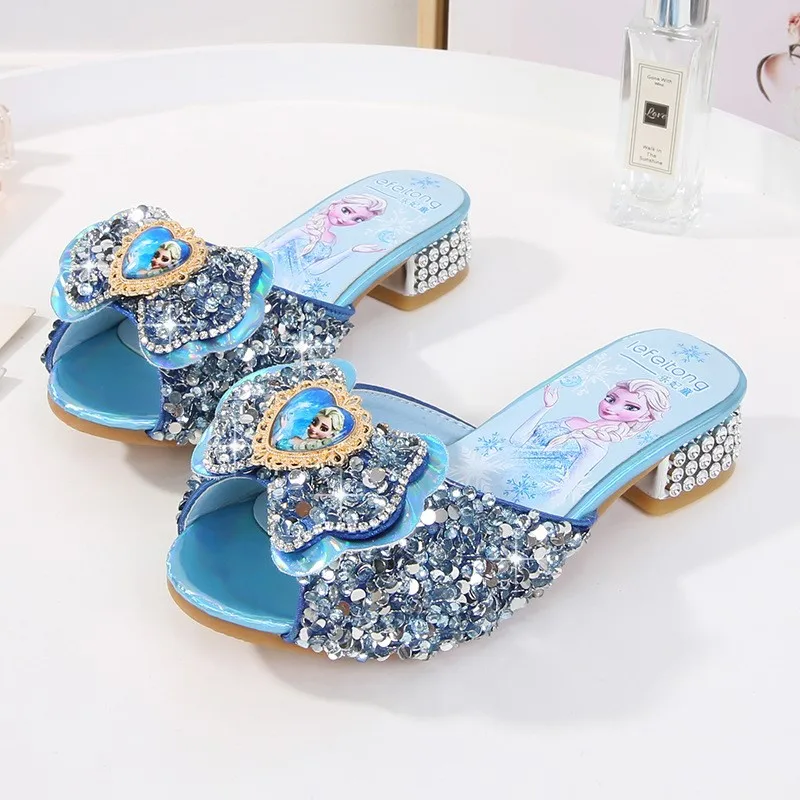 Sandalias de princesa con lentejuelas para niña, zapatos de tacón alto para fiesta, zapatos de Elsa, zapatillas de cuero para niña