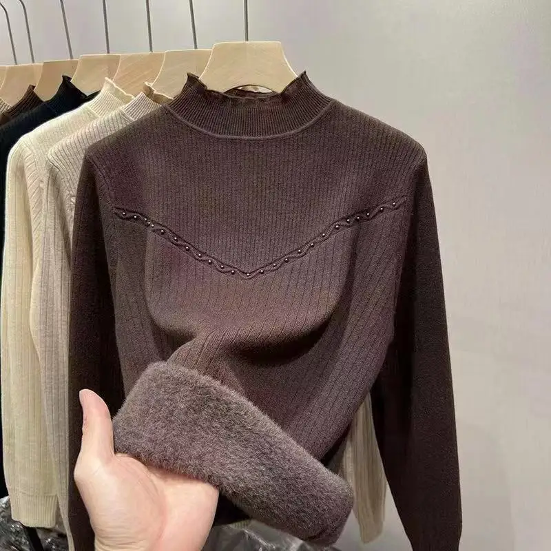 Autumn Winter Fashion Half High Collar Long Sleeve Solid Pullovers Women\'s Clothing Knitting Sweaters Embroidered Flares Tops