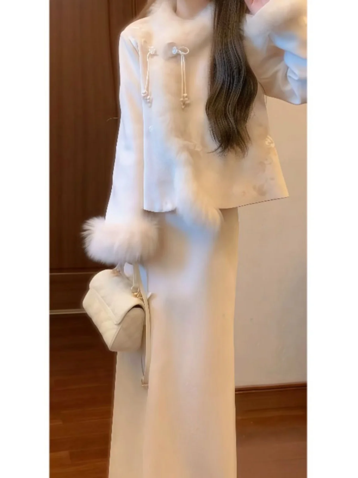 

Spring Faion Chinese Sle Cotton Woolen Coat And f Skirt Two-Piece Set High-End Ele National Sle Long Sve