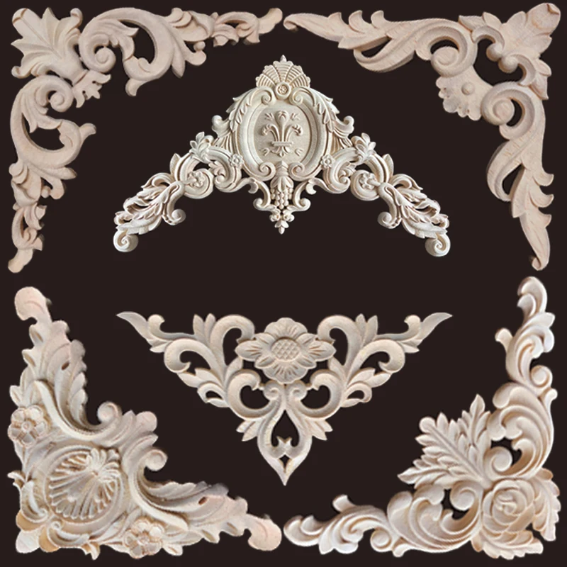 Wooden Carved Corner Flower Applique Unpainted Frame for Cabinet Decor Home Wood Corner Joint Wood Figurines Decor Living Room